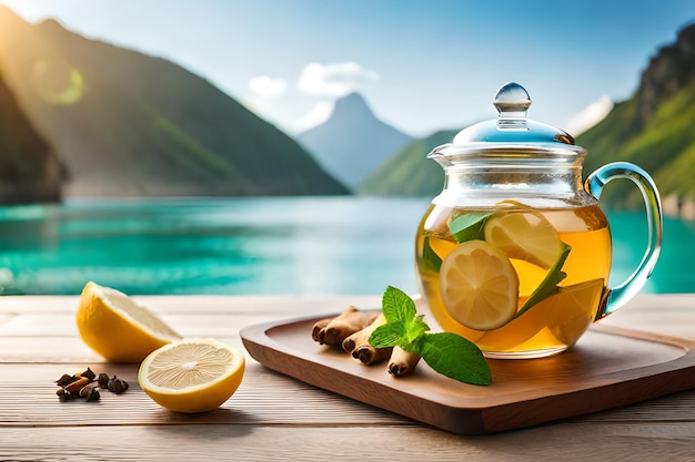 A glass jar of tea with lemons and lemons on a wooden table with mountains in the background