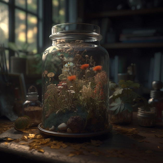 a glass jar terrarium filled with flowering plants highly detailed