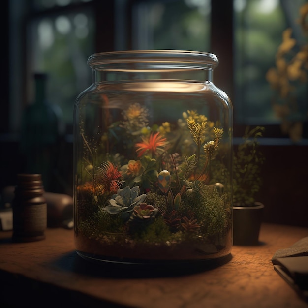 террариум из стеклянной банки, наполненный цветущими растениями, очень детализированный