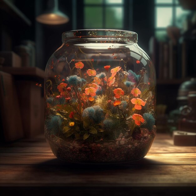 a glass jar terrarium filled with flowering plants highly detailed