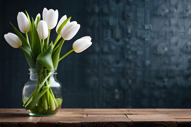 A glass jar of tulips sits on a table with a blue background.