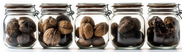 A glass jar of walnuts with a nut inside.