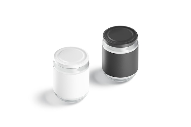 Photo glass jar with black and white label mockup. closed conservation tin mock up set. glassware utensil.