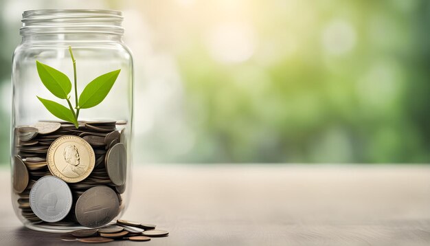 Photo a glass jar with a bunch of coins in it and a green plant in it