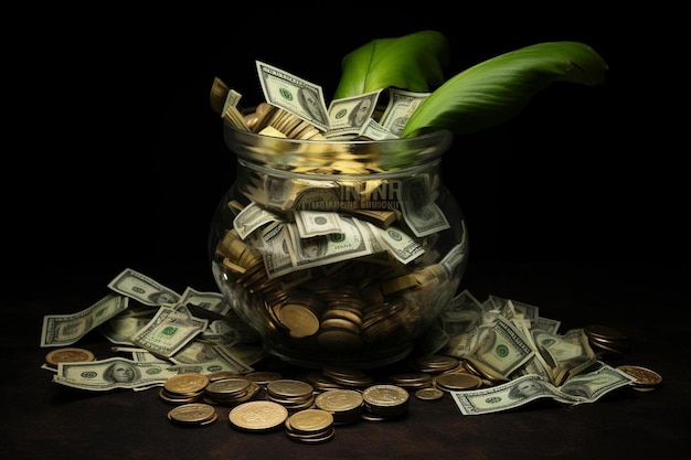 A glass jar with a bunch of gold coins and a green leaf.