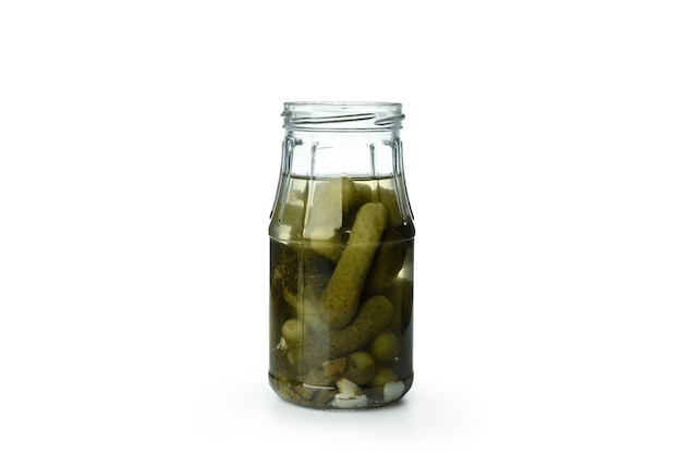 Glass jar with canned cucumbers isolated on white