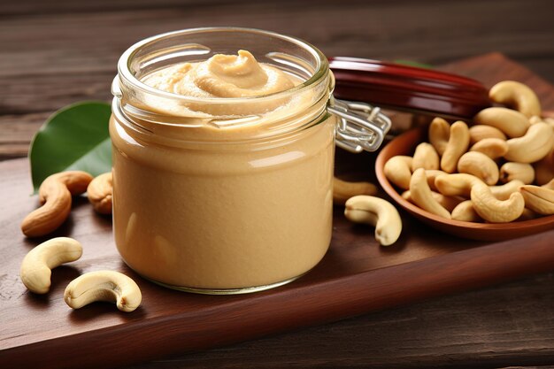 Glass jar with cashew butter on wooden table