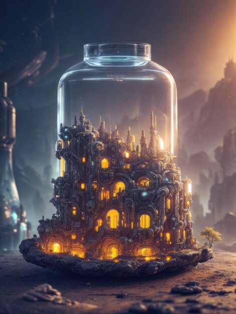 A glass jar with a castle inside