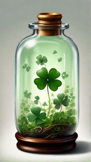 Glass jar with clover leaves inside Good Luck Symbol St Patricks Day concept