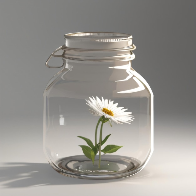 A glass jar with a daisy inside of it