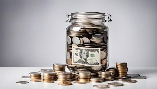 Photo a glass jar with a dollar bill in it and a stack of coins in it