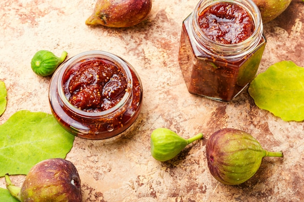 Glass jar with fig jam.Fig marmalade.Canning of fruit