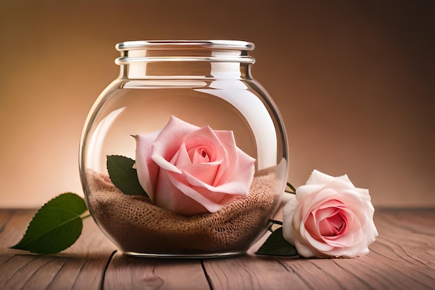 A glass jar with a flower in it and a small amount of sand in it.