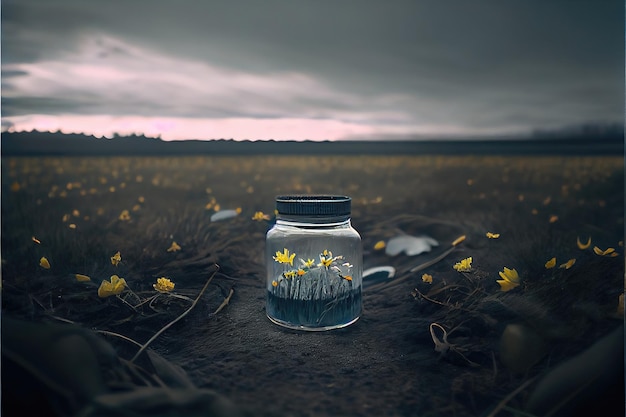 Glass jar with flower in nature