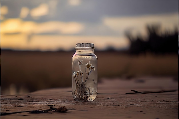 Glass jar with flower in nature