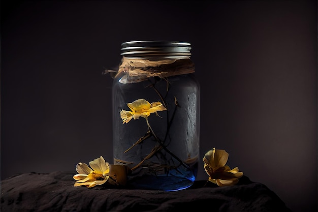 Glass jar with flower in nature