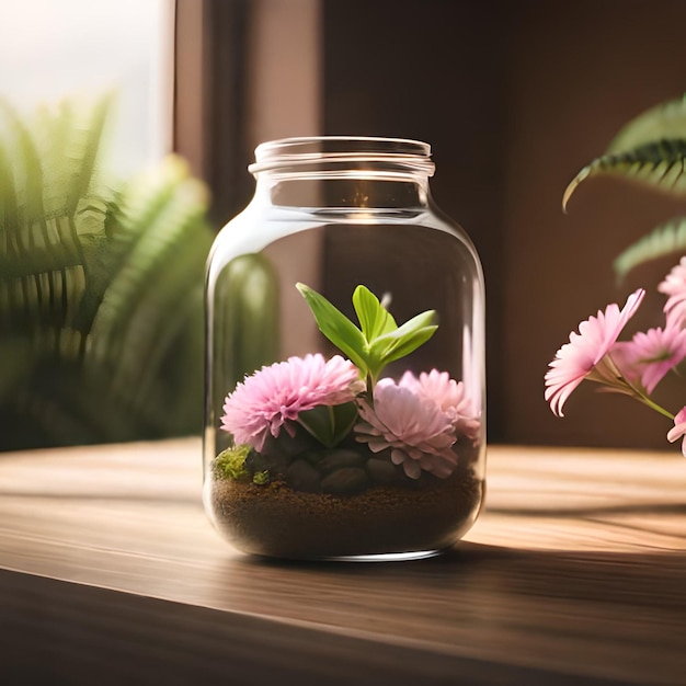 A glass jar with flowers in it and a plant in the background.