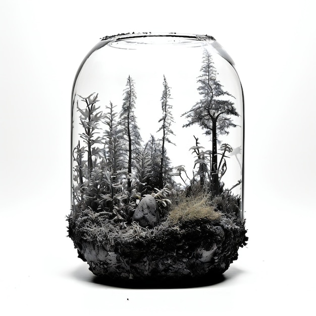 Photo a glass jar with a forest inside isolated on white background