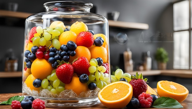 a glass jar with fruit and berries on it