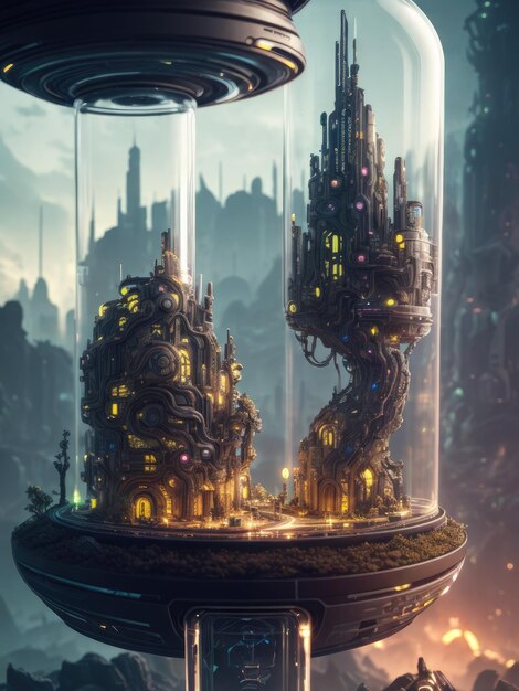 A glass jar with a futuristic city inside that says fire town