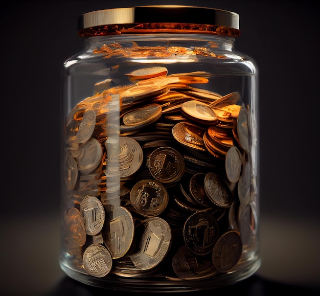 Glass jar with gold coins save money