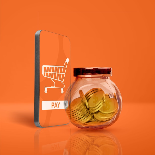 Glass jar with golden coin and mobile phones for online payment banking or online shopping