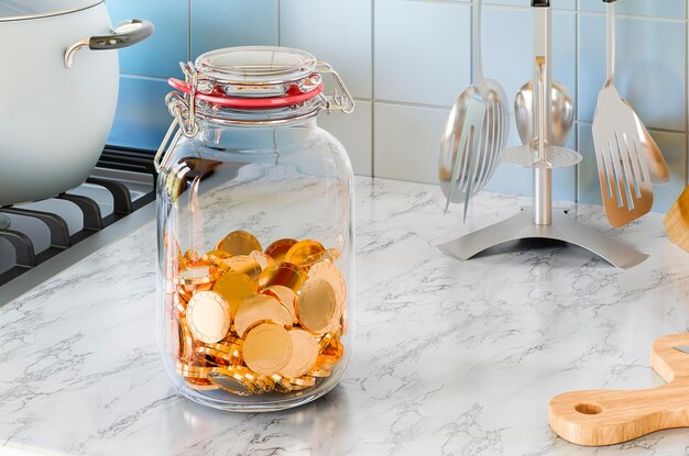 Glass jar with golden coins on the kitchen table 3d rendering