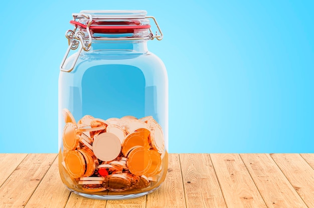 Glass jar with golden coins on the wooden table 3D rendering