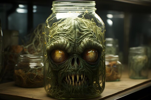 Photo glass jar with green dried monstrous mutant in it halloween spooky season wallpaper