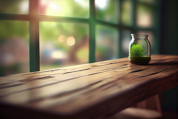 Glass jar with green plant inside on wooden table in front of window Generative AI