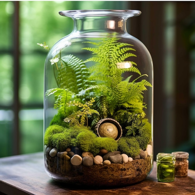 Glass jar with green plants and glass bottle with moss on wooden table