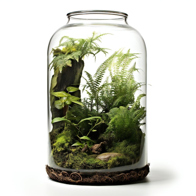 Glass jar with green plants inside Isolated on white background