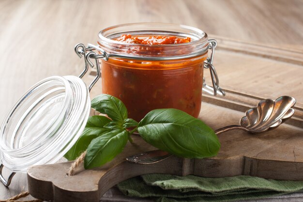 Glass jar with homemade tomato pasta sauce