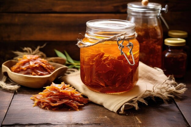 Glass jar with kombucha scoby and tea leaves