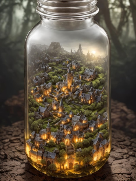 A glass jar with a lit up city in it.