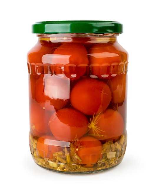 Glass jar with marinated tomatoes isolated