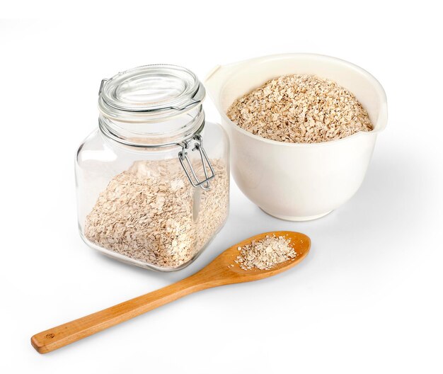 Glass jar with oatmeal flakes