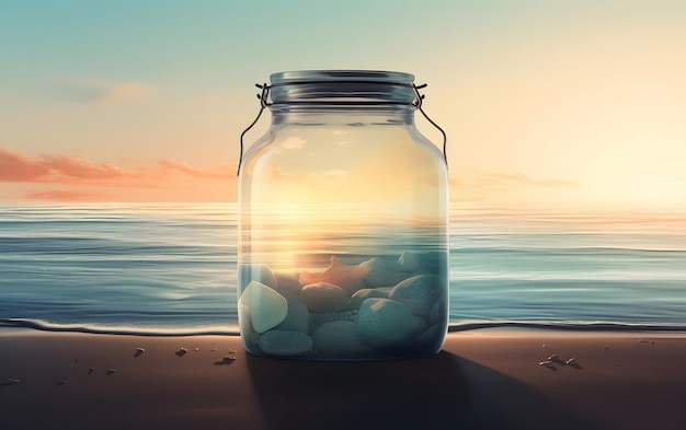 A glass jar with pebbles on the beach