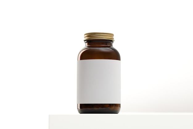 Glass jar with pills medicine or vitamins on the table Light background