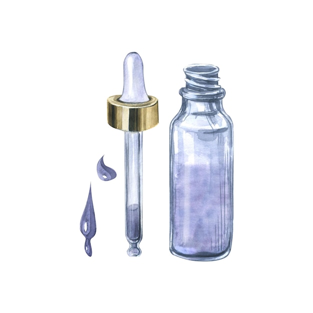 A glass jar with a pipette for oils serums cosmetics Isolated objects from a large set of LAVENDER SPA Watercolor illustration For decoration design and compositions