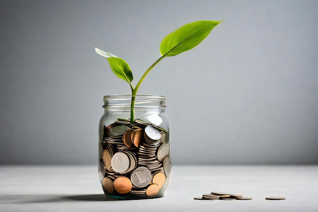 a glass jar with a plant growing out of it and a plant growing out of it