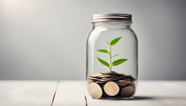 a glass jar with a plant growing out of it