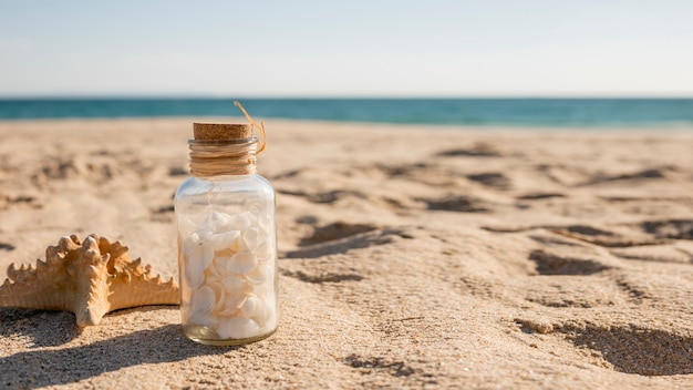 Photo glass jar with shells and sea star on coast