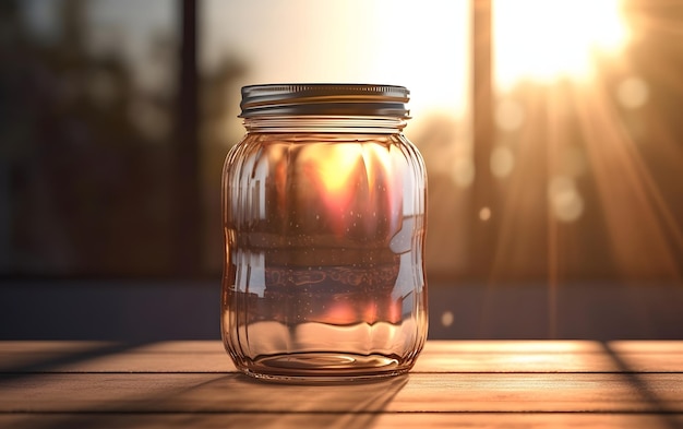 A glass jar with a sunset behind it