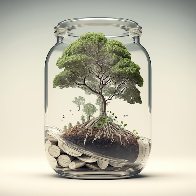 A glass jar with a tree and coins in it