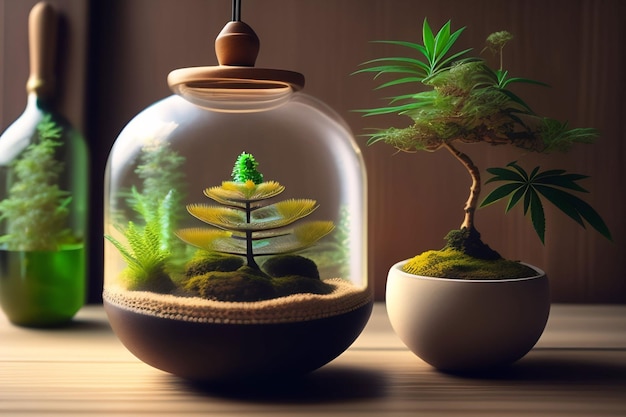 A glass jar with a tree inside and a small bonsai tree inside.