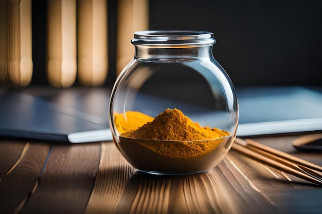 A glass jar with turmeric on it sits on a wooden table.