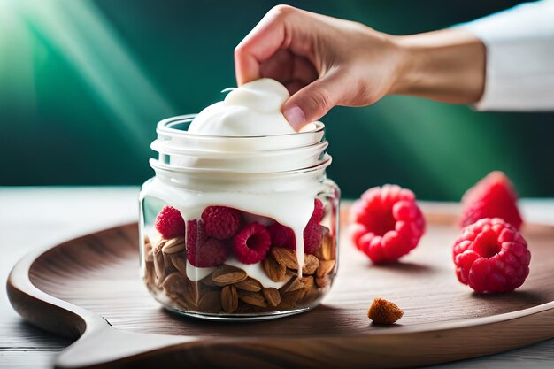 A glass jar of yogurt with berries and raspberries