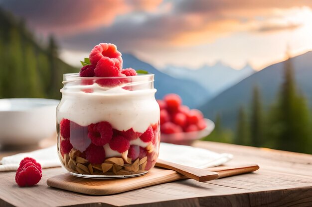 a glass jar of yogurt with strawberries and yogurt on a wooden table.