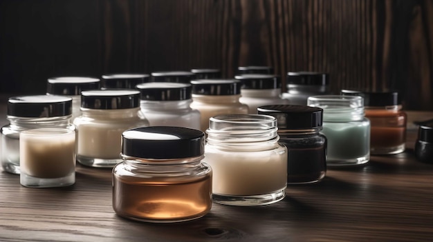 Photo glass jars of cosmetic cream on wooden table